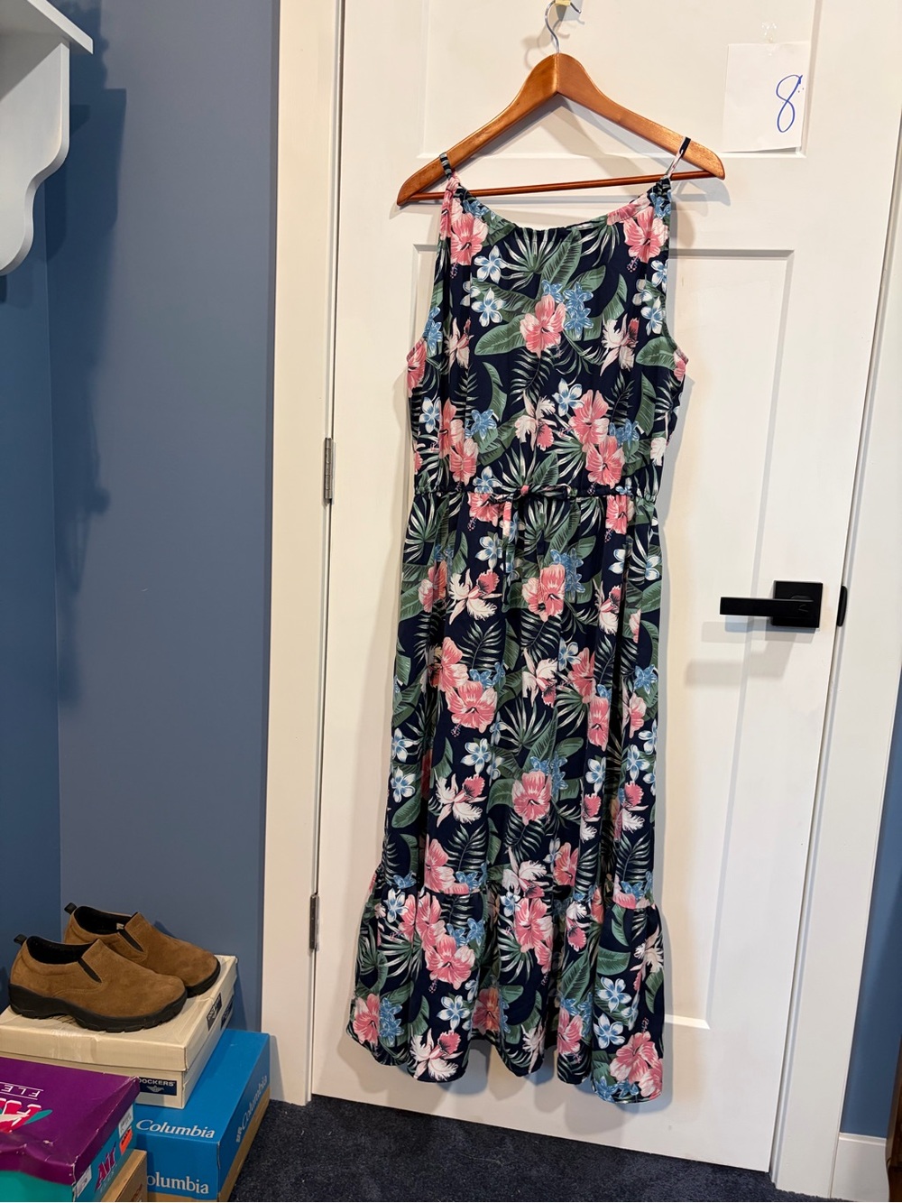 Navy Floral Maxi Dress with Pink & Green Tropical Print